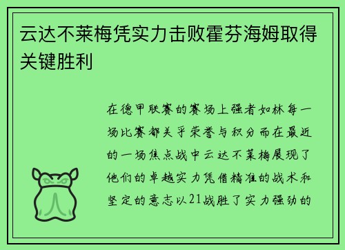 云达不莱梅凭实力击败霍芬海姆取得关键胜利