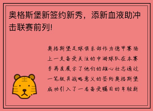 奥格斯堡新签约新秀，添新血液助冲击联赛前列!