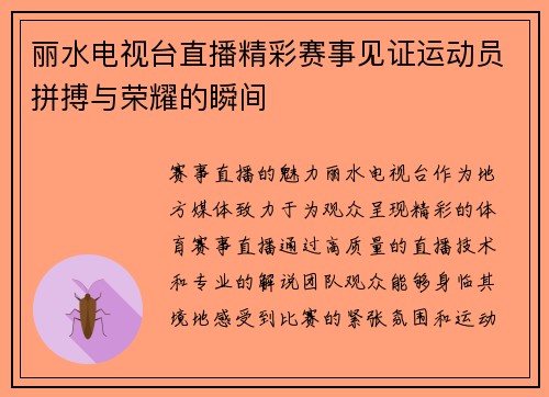丽水电视台直播精彩赛事见证运动员拼搏与荣耀的瞬间