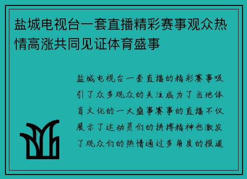 盐城电视台一套直播精彩赛事观众热情高涨共同见证体育盛事